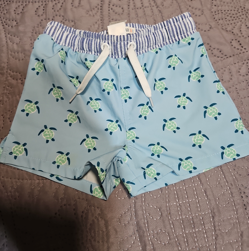 Boys Light Blue Turtle Print Swim Trunks with Elastic Waist